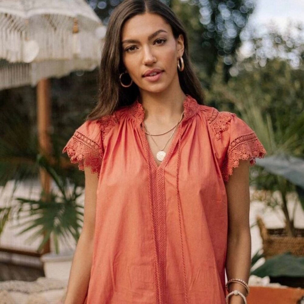 Bohme tie neck crotchet lace‎ sleeve blouse salmon color size XS